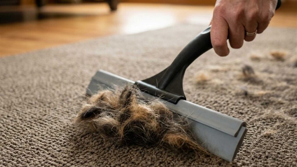 Ramasser les poils d’animaux sur le tapis avec une raclette à vitre
