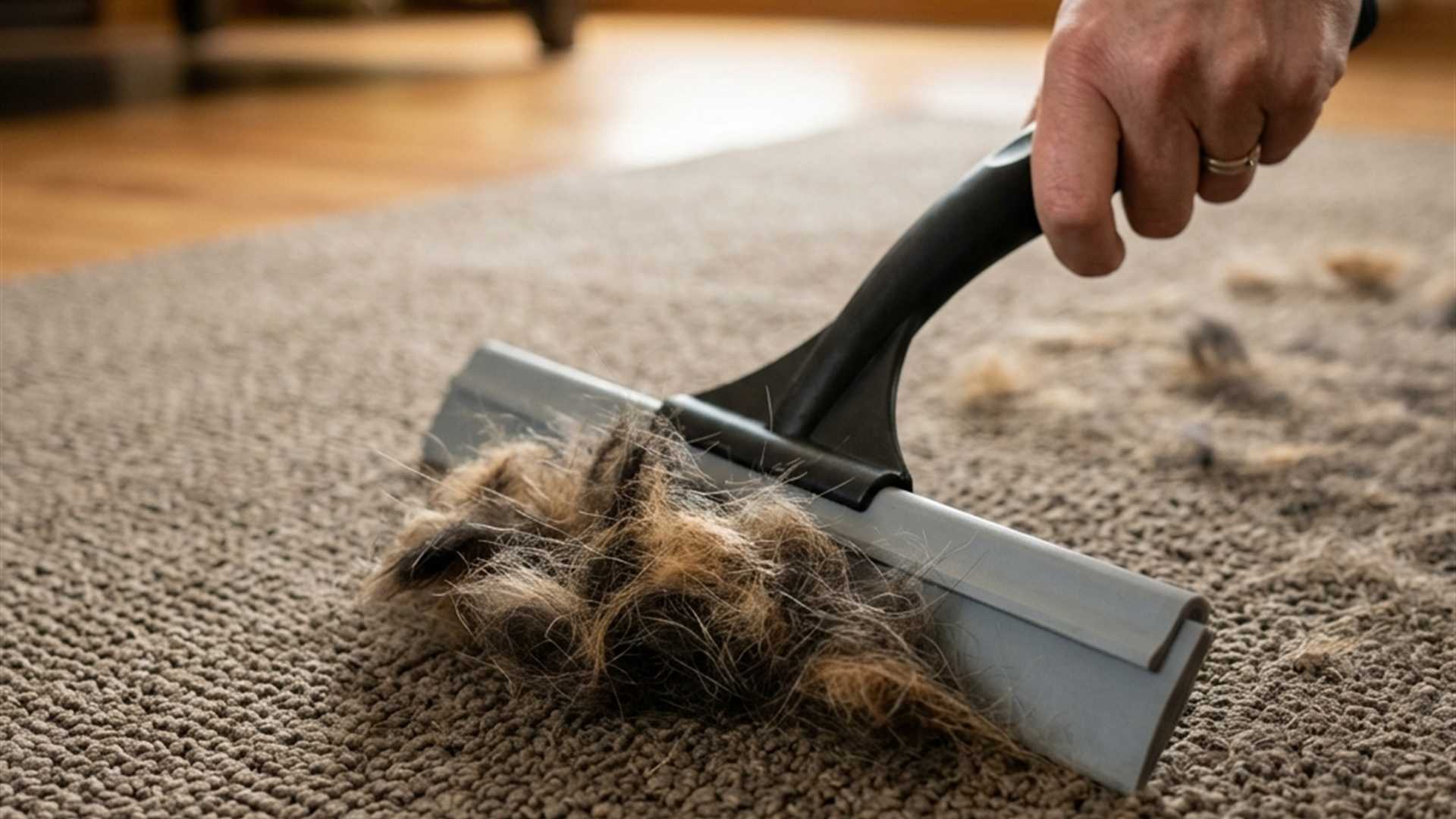 Ramasser les poils d'animaux sur le tapis avec une raclette à vitre