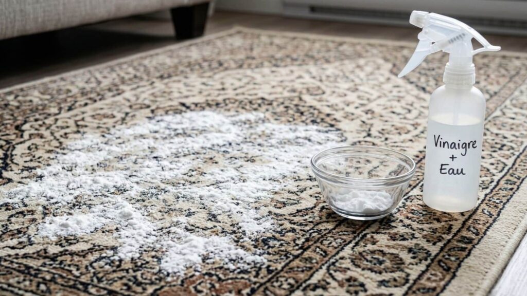 Du bicarbonate et du vinaigre blanc contre l’odeur d’urine de chat sur un tapis
