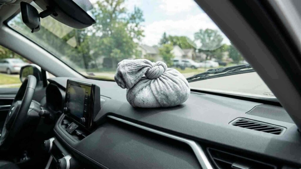 Une chaussette remplie de litière pour chat contre la buée dans la voiture