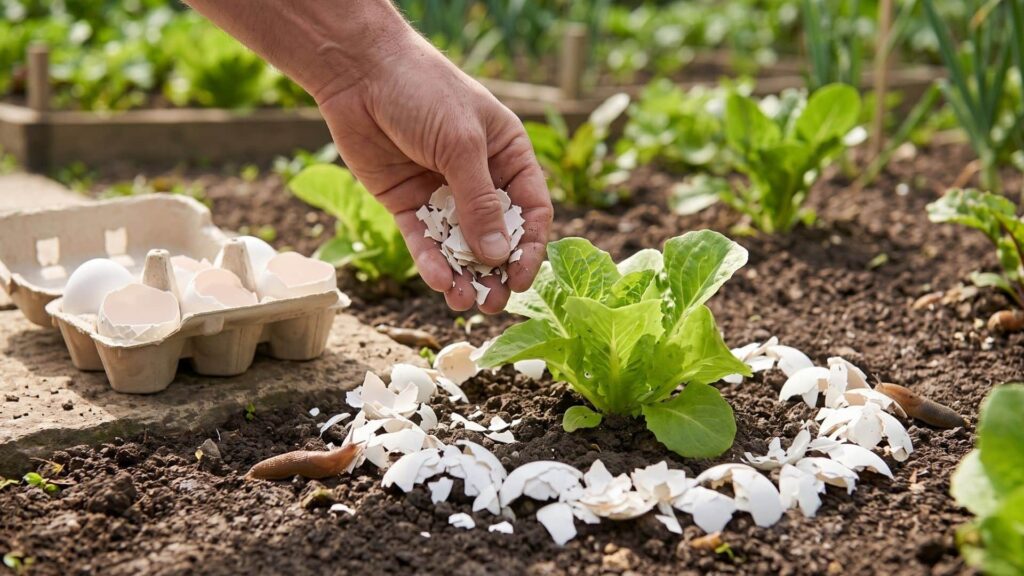 Des coquilles d’œufs écrasées pour faire une barrière anti-limaces au potager