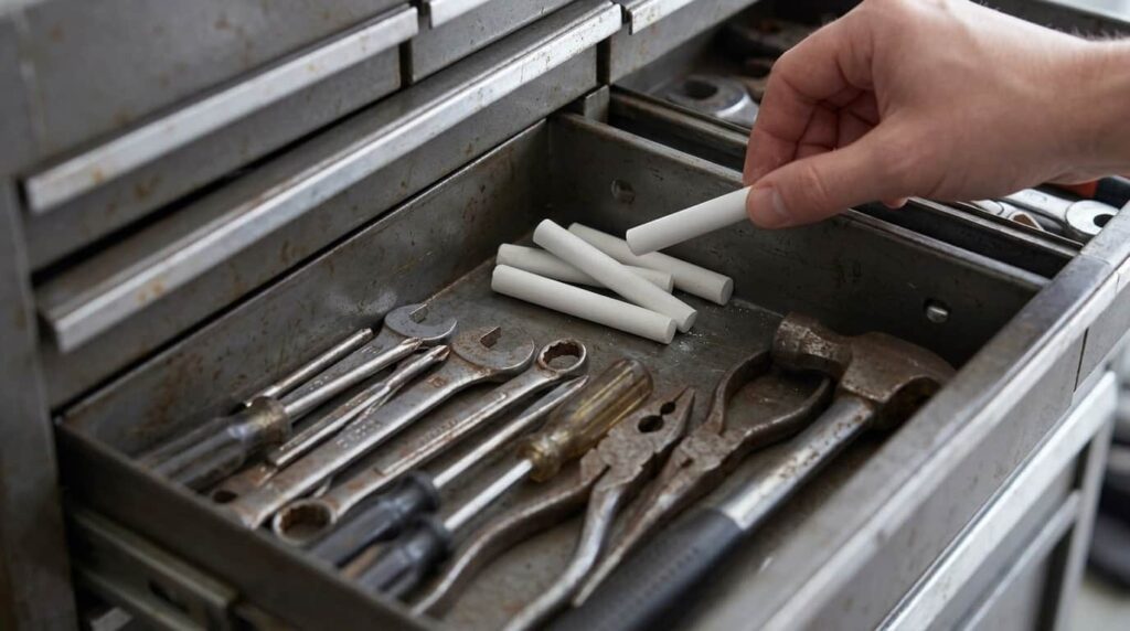 De la craie blanche au fond du coffre à outils pour absorber l’humidité et la rouille