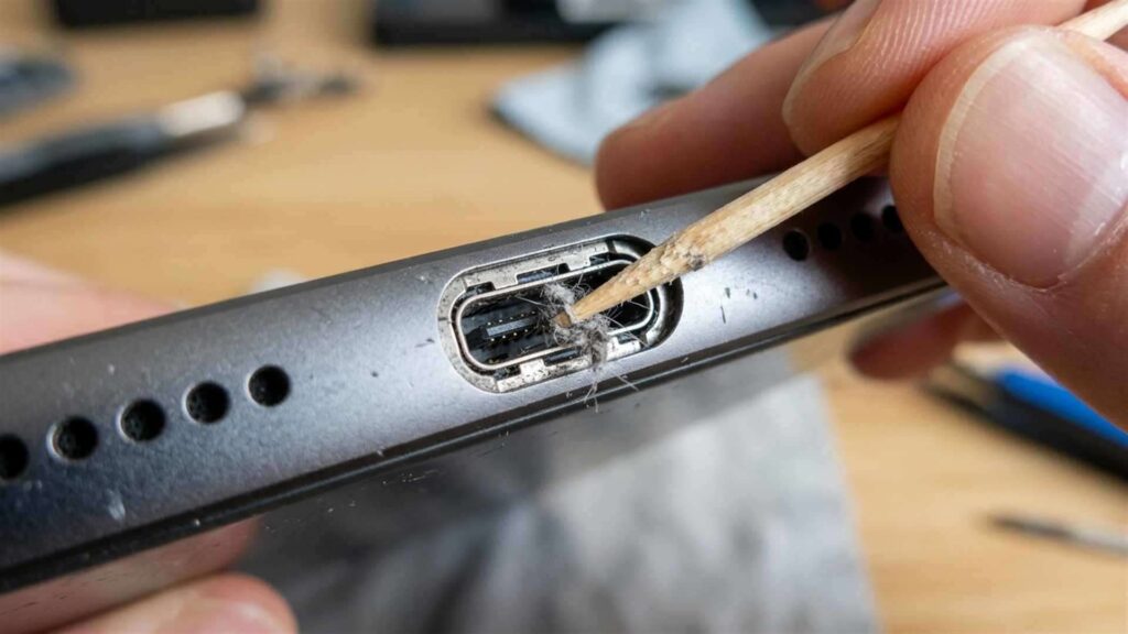 Un cure-dent pour retirer les saletés de la prise de recharge d’un téléphone