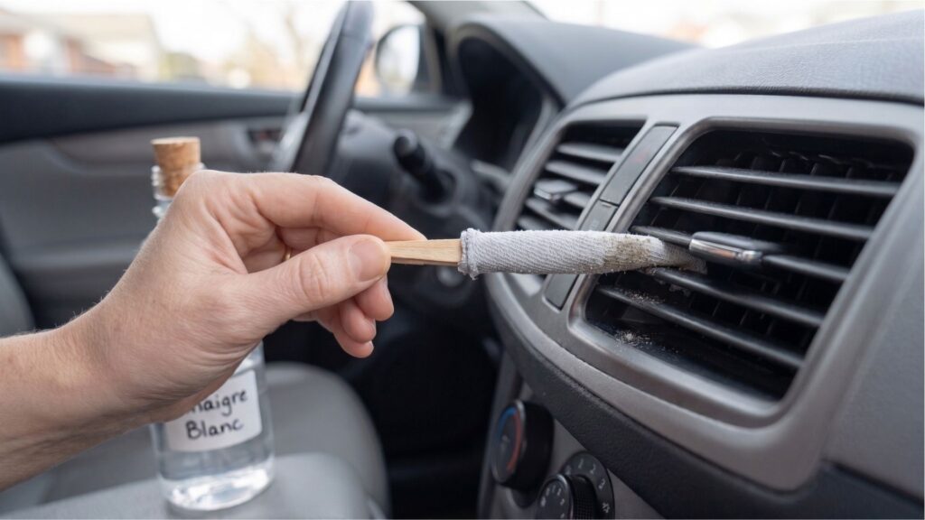 Un pinceau et du vinaigre blanc pour décrasser les grilles d’aération de la voiture