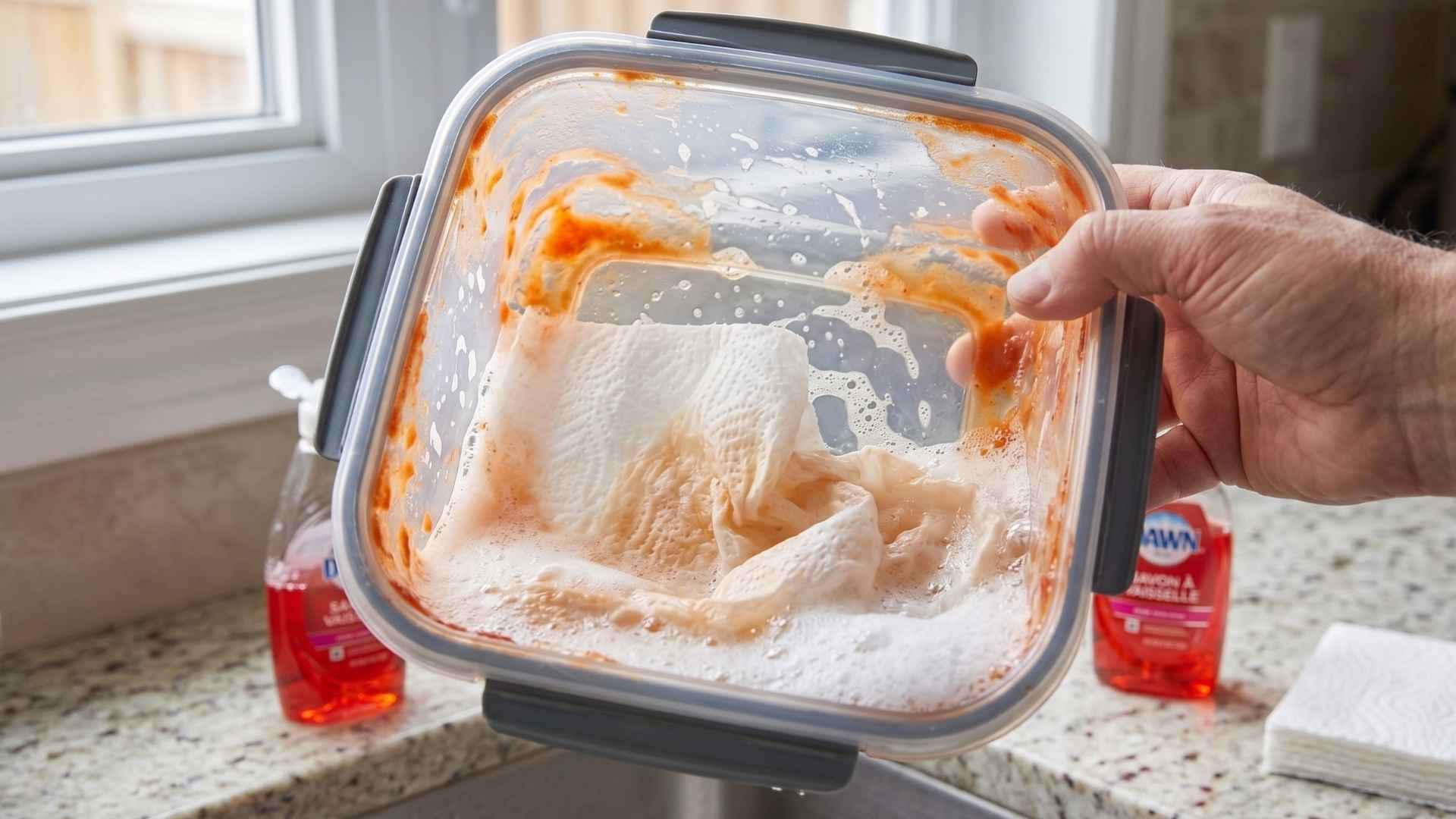 Le truc du papier essuie-tout pour enlever les taches de sauce tomate dans un plat en plastique