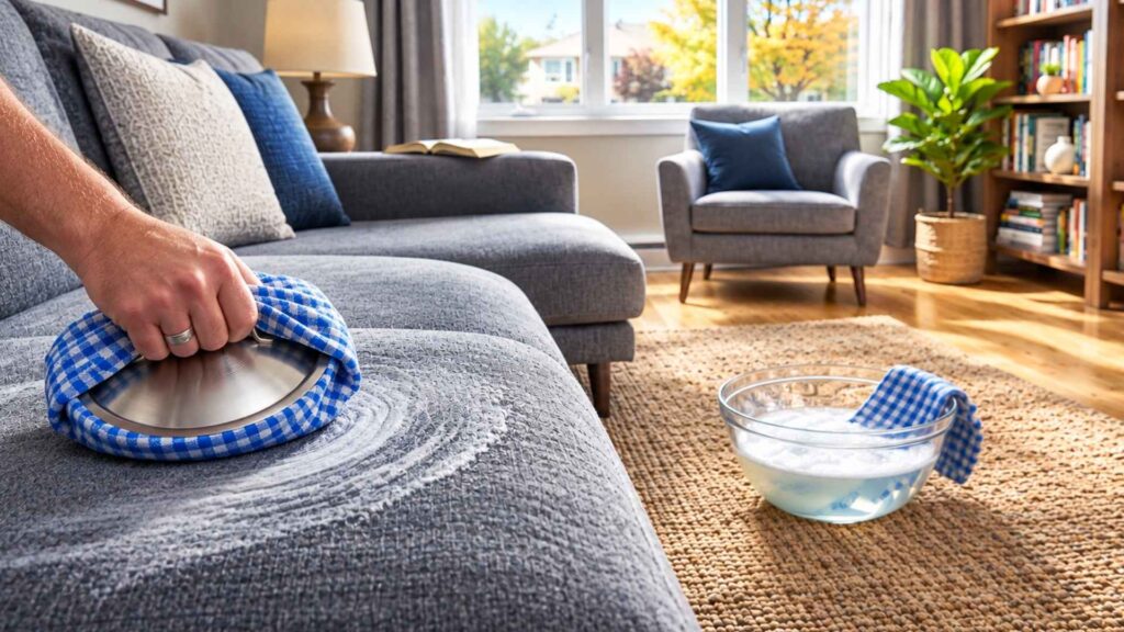 Le truc du couvercle et de la tablette de lave-vaisselle pour nettoyer un divan en tissu